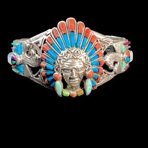 Sterling Silver Turquoise, Coral & Opal Chief Cuff Bracelet